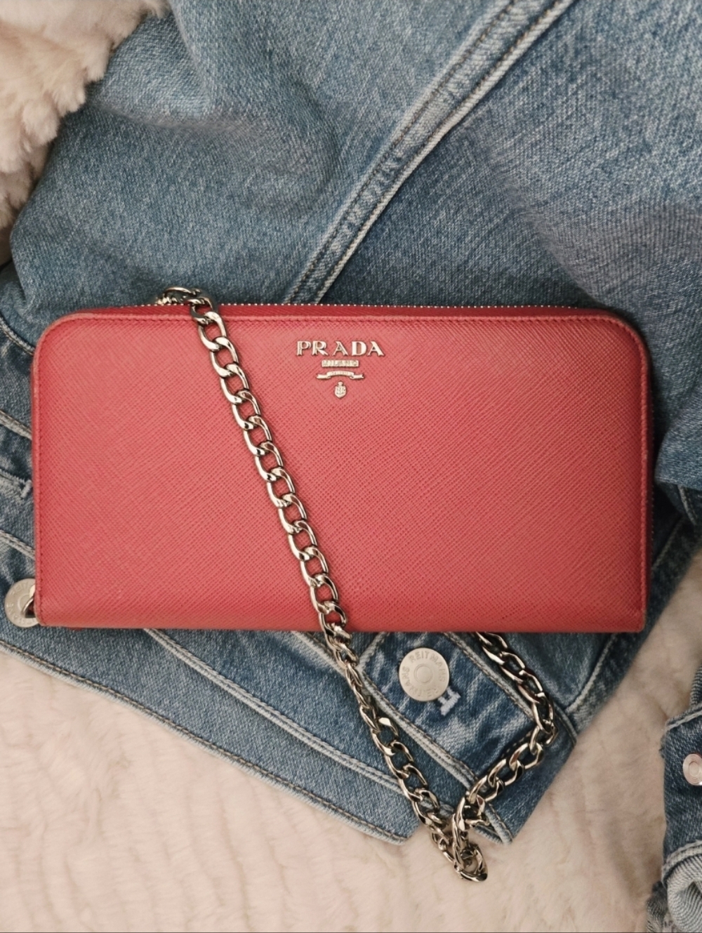 Authentic PRADA Full Zip Around Long Wallet Woc Clutch Crossbody‎ Pink Leather
